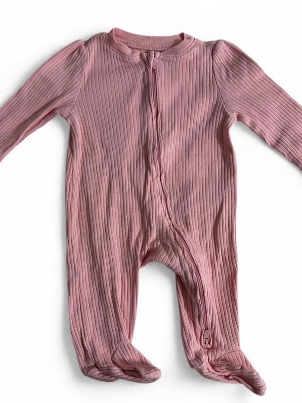 Ribbed Zip-Front Footed One-Piece in Mauve Pink